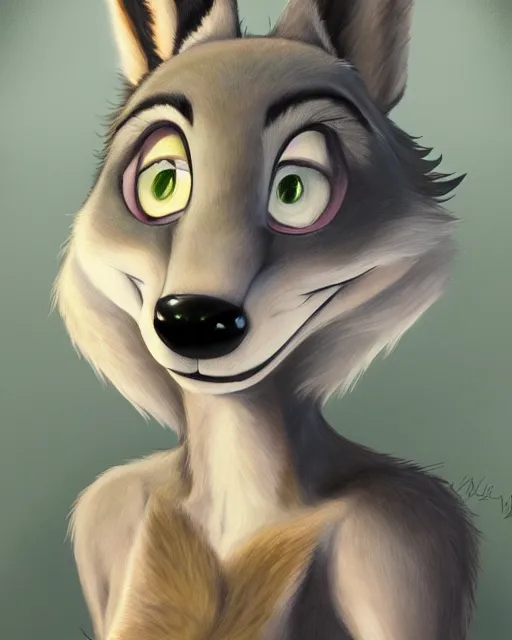 Image similar to full body oil painting of anthromorphic female wolf, in style of zootopia, female fursona, furry, furaffinity, 4 k, deviantart, furry art, fursona art, wearing black business suit, wearing black business suit, wolf fursona, female, very expressive detailed feminine face,