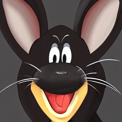 Prompt: A extremely highly detailed majestic hi-res beautiful, highly detailed head and shoulders portrait of a scary terrifying, horrifying, creepy evil black cartoon rabbit with scary big eyes, earing a shirt laughing in the style of Walt Disney