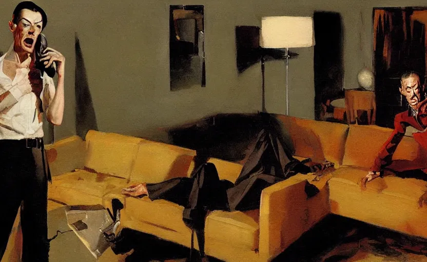 Image similar to a thin man screams at a telephone beside a sofa in a dark living room, painted by phil hale and rick berry and tom lovell and frank schoonover, highly detailed