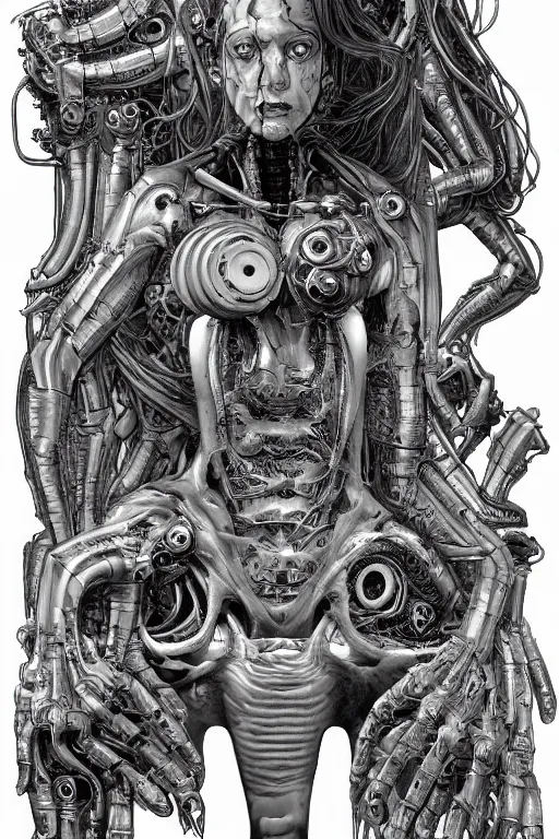 Image similar to cyborg medusa with gunmetal grey skin, medical anatomy, very symmetrical face, highly detailed, mecha, three - perspective / three - view reference sheet ( front / back / side ), in the style of dan ouellette, hr giger, sil from species, dren from splice, biomechanical, artstation, unreal engine