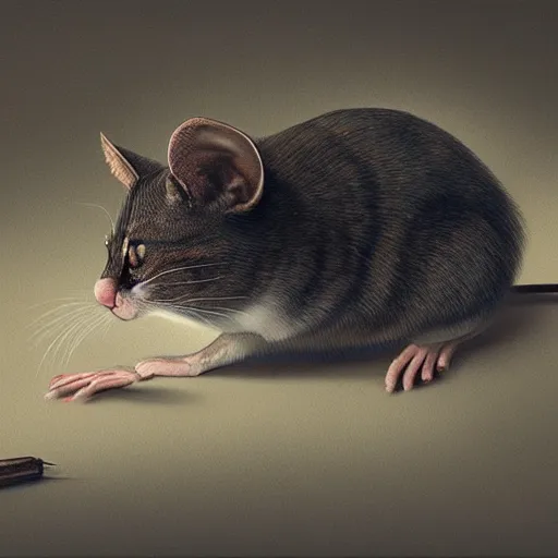 Image similar to hybrid of mouse and cat, half cat - half mouse, digital art, photo realistic, highly detailed, art by george stubbs, anton fadeev, james gurney