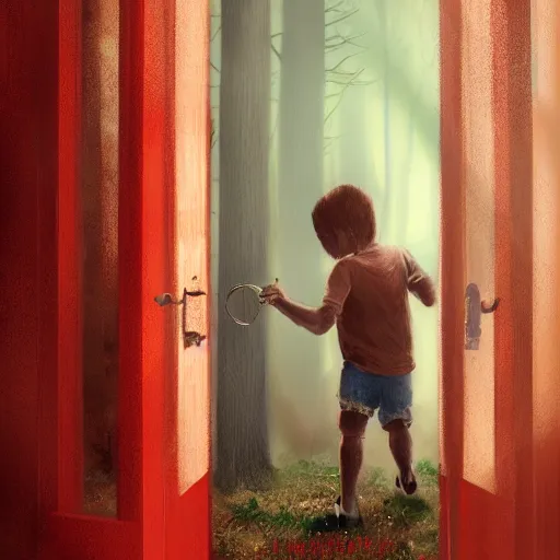 Prompt: boy in red is knocking the front door of a cabine in a forest, detailed, strong lighting, very conherent, by campion, pascale, trending on artstation