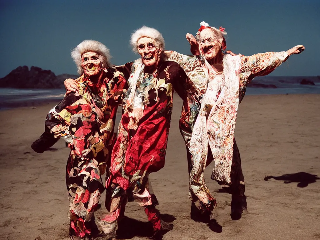 Image similar to a couple of grandparents of 1 0 0 years old wearing cursed costumes and dancing on a beach, extreme long shot, kodachrome, backlight, add a glow around subj. edge, in twin peaks, studio light, 1 9 9 0 s