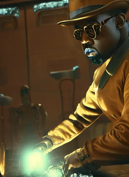 Image similar to Kanye West as willy wonka in fallout new vegas, splash art, movie still, cinematic lighting, dramatic, octane render, long lens, shallow depth of field, bokeh, anamorphic lens flare, 8k, hyper detailed, 35mm film grain