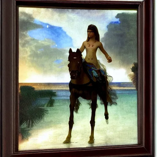 Image similar to Girl riding a horse leaving the palace through the bridge, thunderstorm, pool, beach and palm trees on the background major arcana sky, by paul delaroche, alphonse mucha and arnold böcklin arnold böcklin hyperrealistic 8k, very detailed