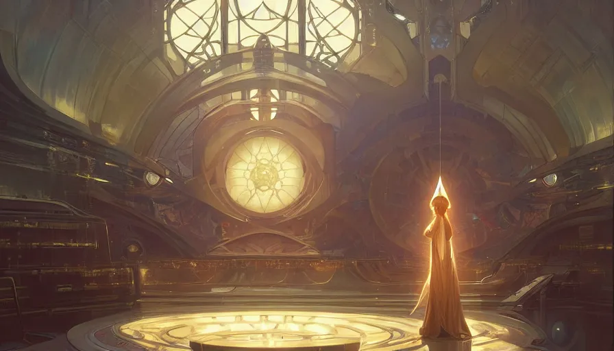 Prompt: a religious scifi room, focus on a floating platform in the center of the room, symmetrical shot, center framing, elegant, cinematic shot, intricate digital painting artstation concept art smooth sharp focus illustration, art by artgerm and greg rutkowski and alphonse mucha