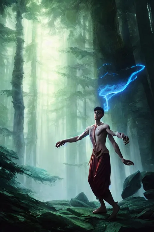 Prompt: a human elemental sorcerer, forest setting, colorful magic, male, white skin, young, sharp focus, concept art, dynamic lighting, unreal engine, by greg rutkowski, emylie boivin and kyle herring