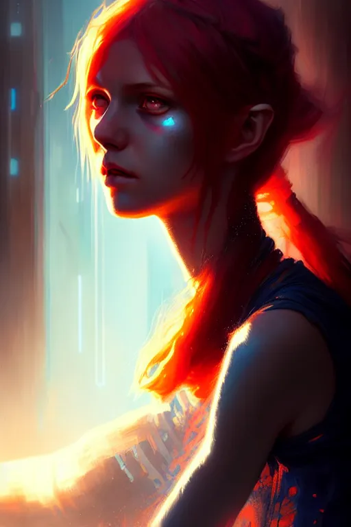 Image similar to a young, slender girl, with fiery blue hair and bright eyes, hyperrealistic face, beautiful eyes, fantasy art, in the style of greg rutkowski, intricate, hyperdetalized, smooth, cyberpunk, tech