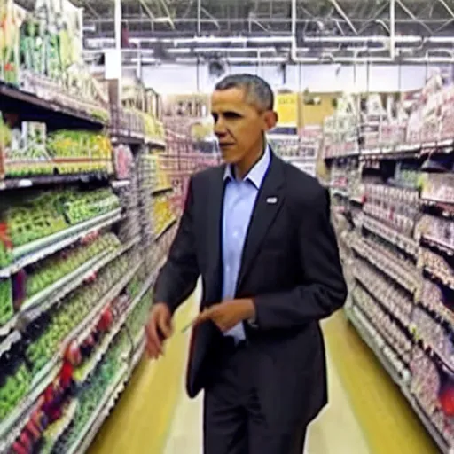 Image similar to security camera footage of barack obama trashing a walmart