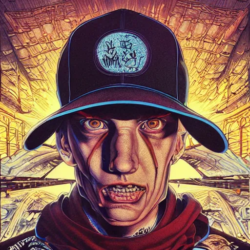 Image similar to portrait of crazy eminem, symmetrical, by yoichi hatakenaka, masamune shirow, josan gonzales and dan mumford, ayami kojima, takato yamamoto, barclay shaw, karol bak, yukito kishiro