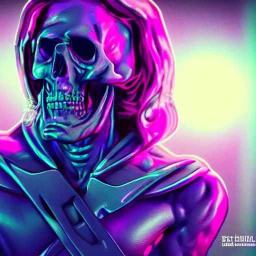 Image similar to skeletor cbum, portrait, vaporwave, synthwave, neon, vector graphics, cinematic, volumetric lighting, f 8 aperture, cinematic eastman 5 3 8 4 film