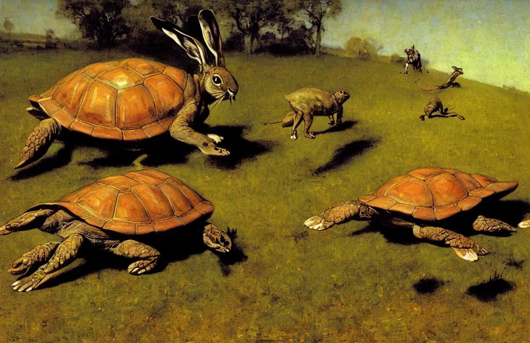 Prompt: the hare racing the tortoise from aesop's fable, detailed painting, epic lighting, by ilya repin, phil hale and kent williams