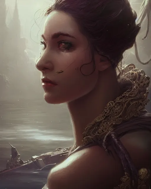 Prompt: A beautiful female maid posing on a boat, beautiful face, close-up, fantasy woman, fantasy art, in the style of greg rutkowski, illustration, epic, fantasy, intricate, hyper detailed, artstation, concept art, smooth, sharp focus, ray tracing, profile shot