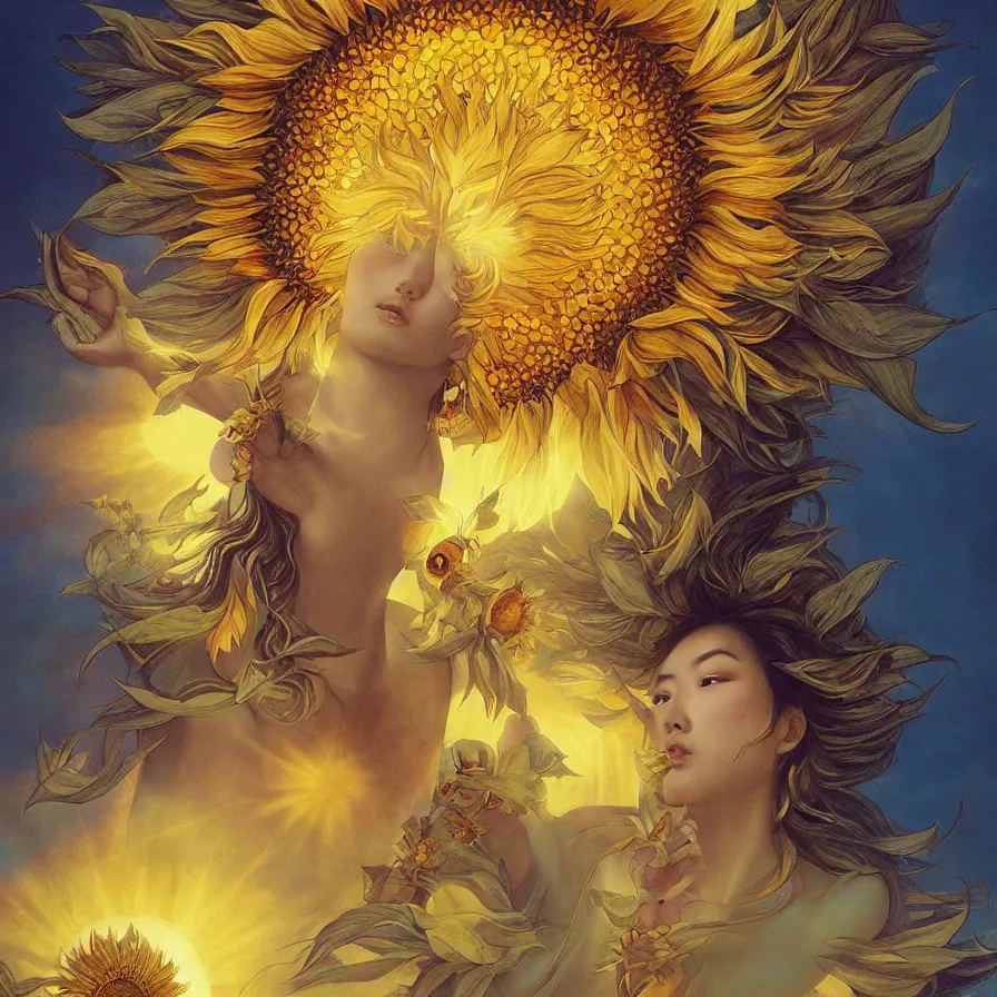 Prompt: The east-asian goddess of sunflower wearing an helianthus golden crown and presiding over the rays of the sun, by Anato Finnstark, Tom Bagshaw, Brom