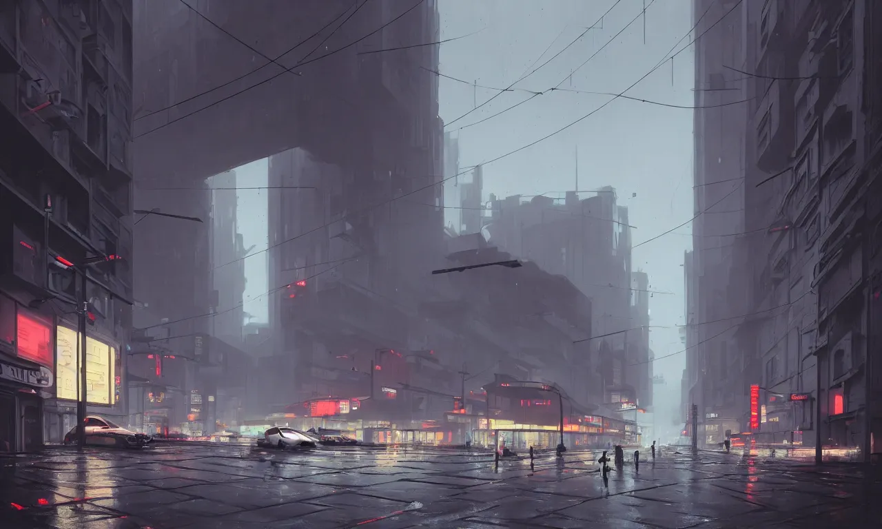 Image similar to photorealistic streetscape, simple brutalist architecture, metal, concrete, wet streets, neon lights, neon signs, flying vehicles, pedestrians, greg rutkowski, syd mead, ralph mcquarrie, concept art, matte painting, finely detailed, minimal artifacts, rule of thirds, dynamic lighting, cinematic, denoised, centered, artstation