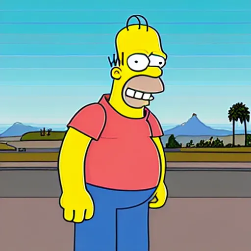 Image similar to homer simpson in a gta v illustration by stephen bliss