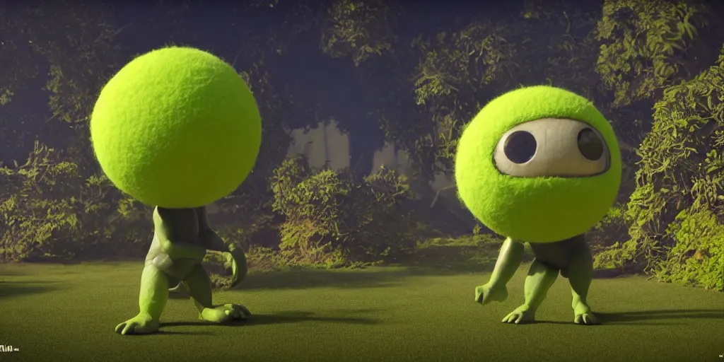 Image similar to a photo of 8 k ultra realistic giant tennis ball monster statue, tennis ball monsters, exotic, cinematic lighting, trending on artstation, 4 k, hyperrealistic, focused, high details, unreal engine 5, cinematic, alien planet atmosphere in background, 3 d render by basil gogos and beeple