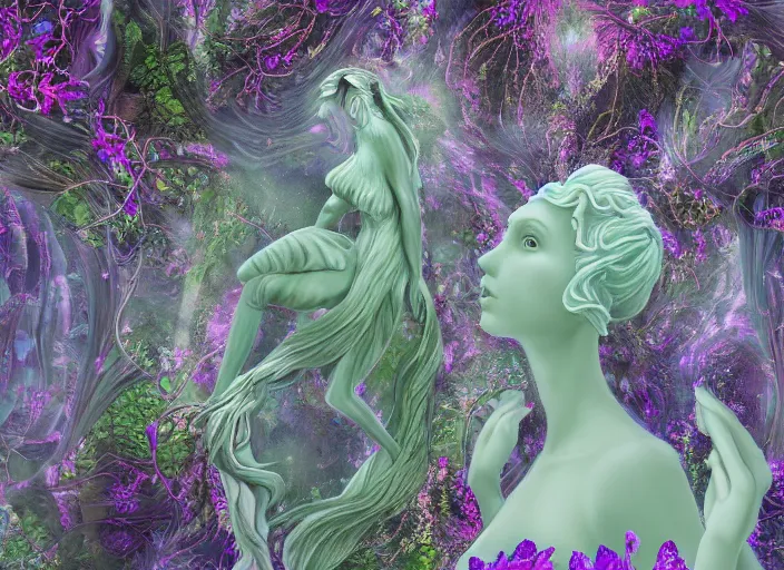 Image similar to glowing delicate flower and mushrooms that grow in a dark fatansy forest on the planet Pandora, an idealistic marble statue with fractal flowery hair in a fractal garden,