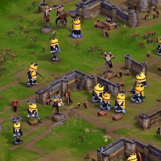 Image similar to a group of cute giant minions standing near a Town Center in the game Age of Empires, realistic minions