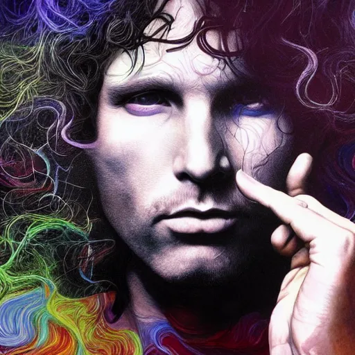 Image similar to colour masterpiece surreal closeup portrait photography jim morrison by miho hirano and annie leibovitz and michael cheval, psychedelic smoke background, 8 k