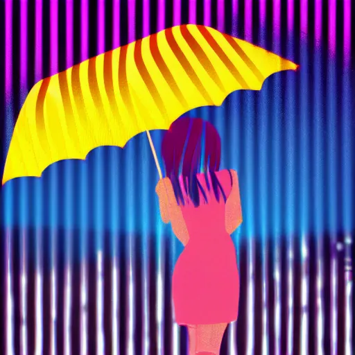 Prompt: rain, pattern, retrowave, umbrella, girl