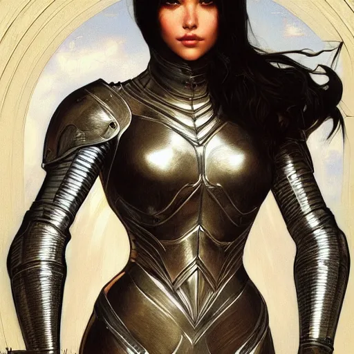 Image similar to portrait of madison beer wearing a skintight knight armor, intricate, elegant, highly detailed, digital painting, artstation, concept art, smooth, sharp focus, illustration, art by artgerm and greg rutkowski and alphonse mucha, 8 k