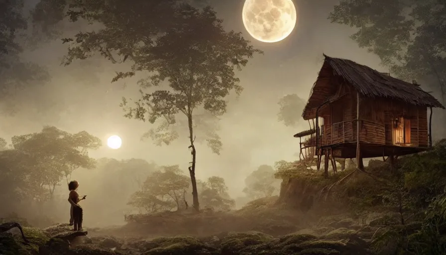 Prompt: a simple and rustic small wooden house with the lamp on in the middle of the amazonian rainforest, a person looking at the moon. full of narrative sense, moon lighting, extremely super - detailed, intricate, epic composition, trending on artstation, by sergey vasnev and jan urschel, matte painting, excellent light sense