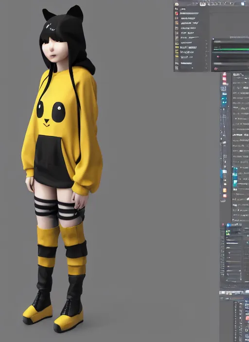 Image similar to vrchat, secondlife, imvu, 3 d model of a girl in a pikachu hoodie, hq render, detailed textures, artstationhd, booth. pm, highly detailed attributes and atmosphere, dim volumetric cinematic lighting, hd, unity unreal engine