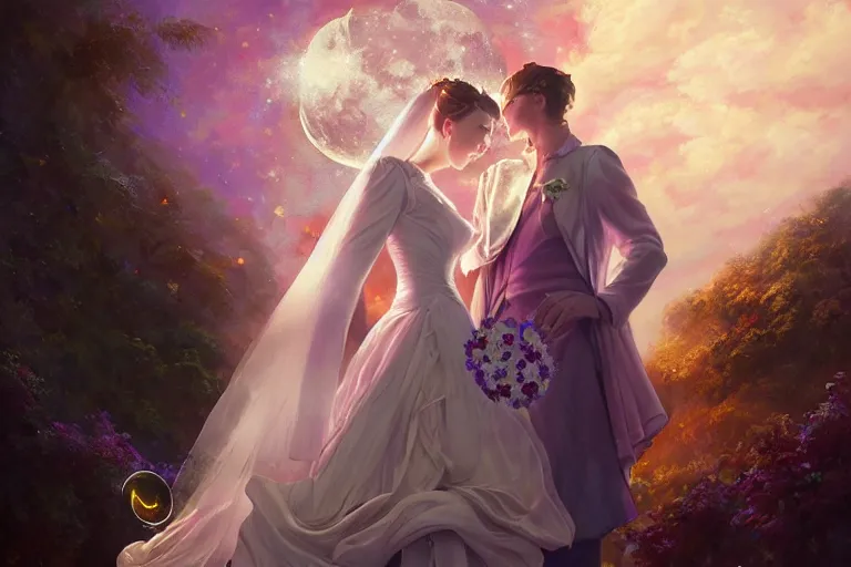 Image similar to a dreamlike cinematic portrait of wedding photograph close up moment of a divine a russia sun god and moon goddess lovers magician at a wedding banquet. portraiture. digital painting. artstation. concept art. fantasy wedding photo. digital painting, 8 k realistic, hyper detailed, violet evergarden art masterpiece by art by krenz cushart