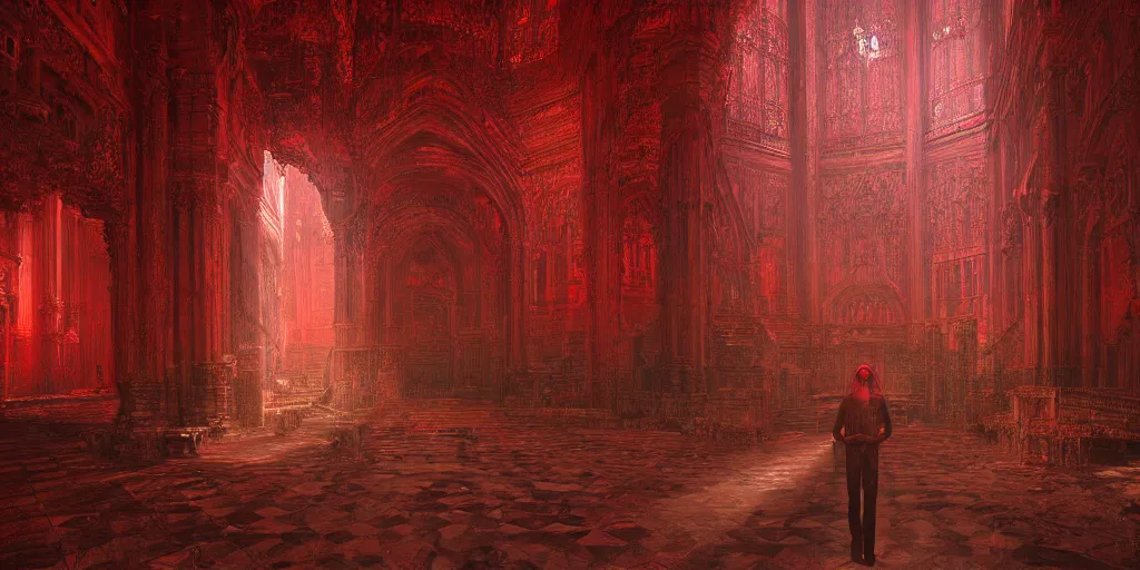 Prompt: a hyper intricate oil portrait red church interior, excellent composition, wide shot, by zdzislaw beksinski, intricate, horror atmosphere, unreal engine 5 highly rendered, global illumination