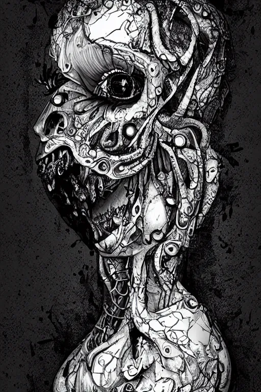 Image similar to black and white illustration, creative design, body horror, monster