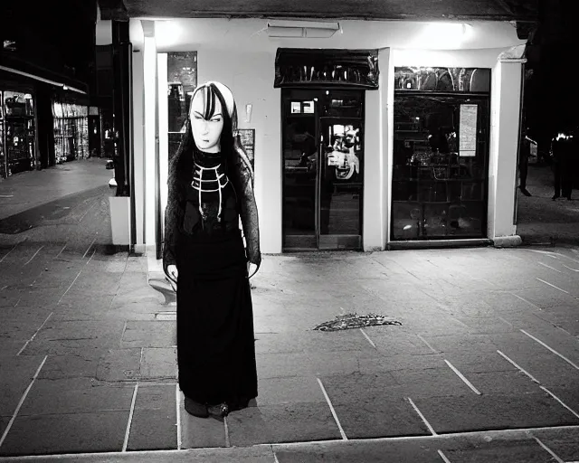 Image similar to a goth girl at a british shopping precinct at night, 2006, amateur