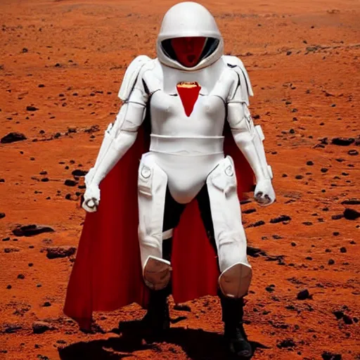 Image similar to a tall muscular soldier wearing blood-spattered glossy sleek white dinged scuffed armor and a long torn red cape, heroic posture, determined expression, elegant, no helmet, on the surface of mars, dramatic lighting, cinematic, sci-fi, hyperrealistic, detailed