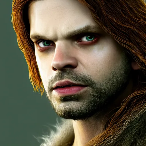 Image similar to a digital art close up portrait of pale sebastian stan as ancient druid mage from warcraft, old witcher with long beard character sheet, 4 k, ultra detail, volumetric lighting, unreal engine, octane render