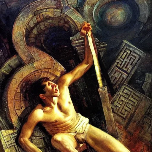 Image similar to perseus lost in a labyrinth, by dean cornwell,