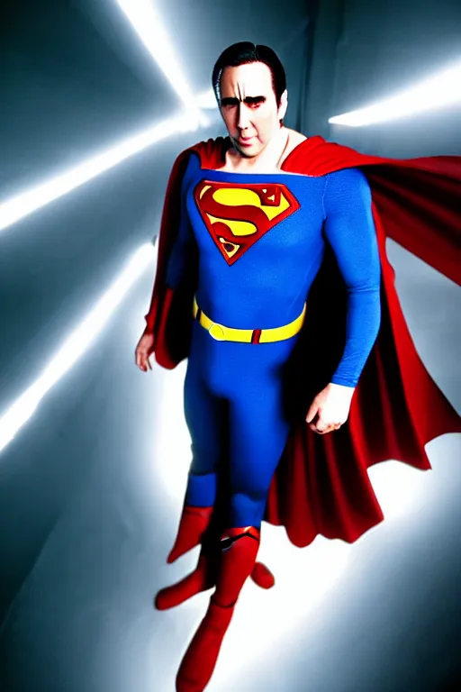 Prompt: nicholas cage as superman, superhero movie, dramatic, studio lighting, 3 5 mm lens