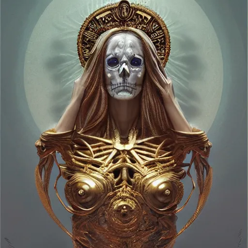 Image similar to portrait of Hecate as a marble statue skeleton, skeleton Hecate, greek mythology, gold crown and filaments, intricate, headshot, highly detailed, digital painting, artstation, concept art, sharp focus, cinematic lighting, illustration, art by artgerm and greg rutkowski, alphonse mucha, Caravaggio, chiaroscuro, cgsociety