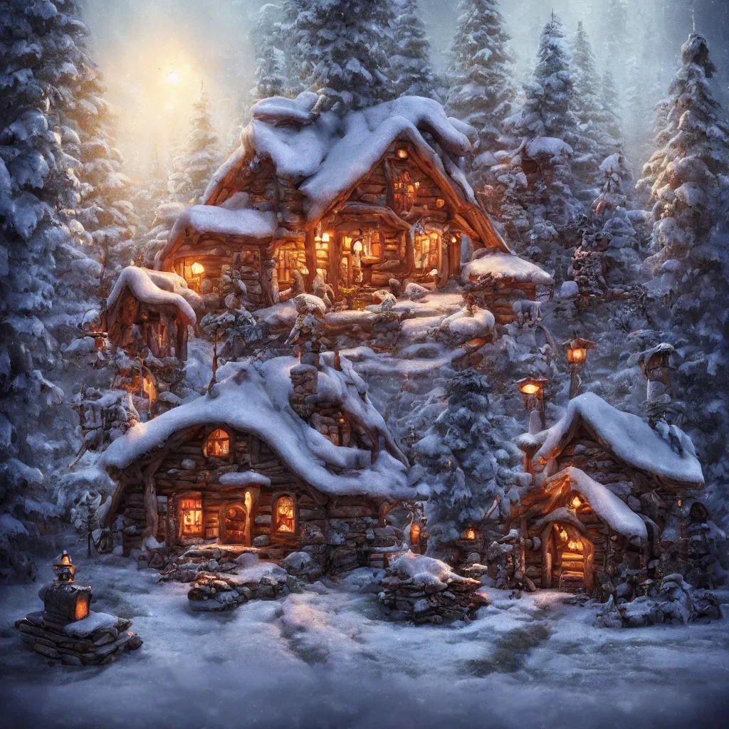 Prompt: elf magical forest cabin with a chimney fantasy, trending on artstation, octane