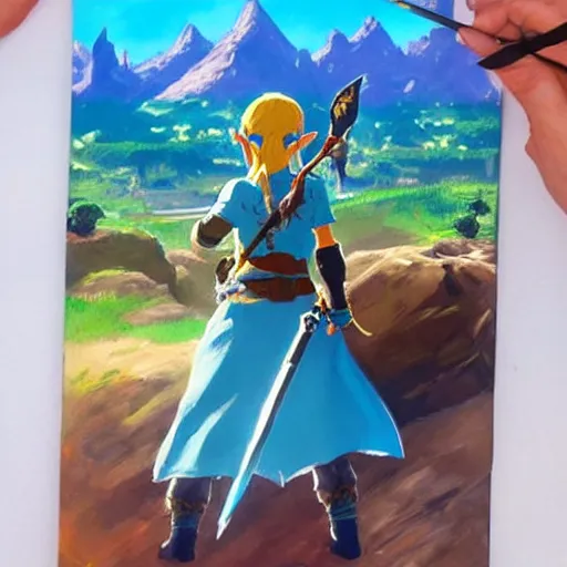 Image similar to oil painting of zelda breath of the wild, mountain in the background. beautiful, rpg, dnd, artgerm, disney, pixar