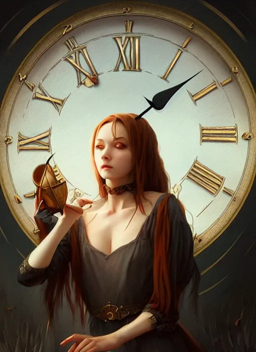 Image similar to a clock and a witch, elegant, sharp focus, illustration, highly detailed, digital painting, concept art, matte, art by wlop and artgerm and ivan shishkin and andrey shishkin, masterpiece