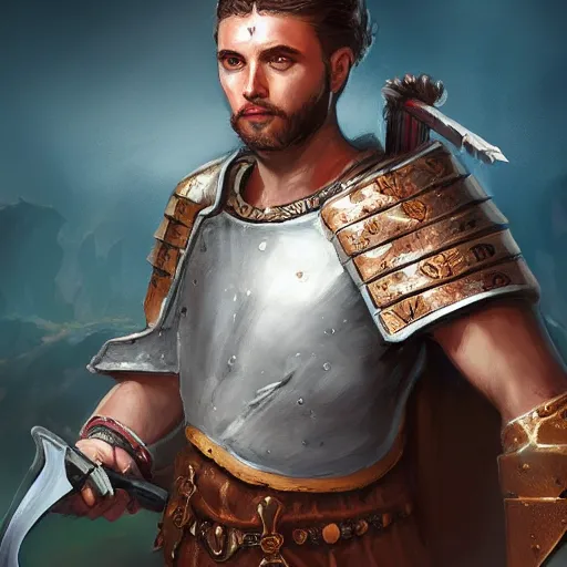 Prompt: portrait of an ancient roman warrior armed with a glowing-white sword D&D, fantasy, elegant, hopeful, cosmic, muscular, highly detailed, digital painting, artstation, concept art, smooth, sharp focus, illustration