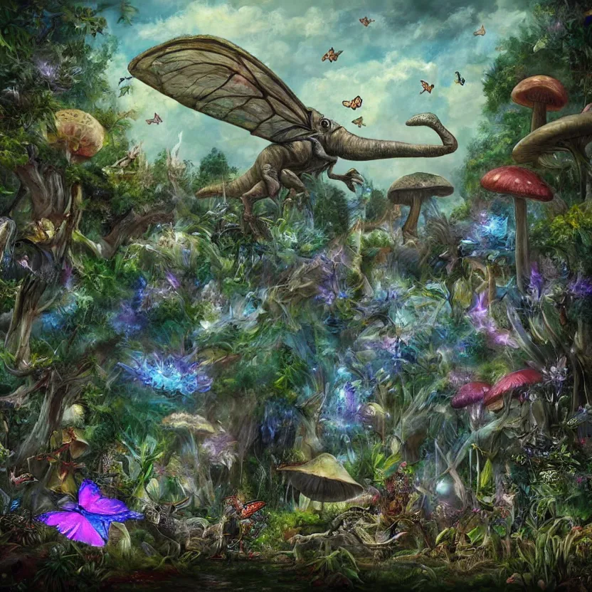 Prompt: a whimsical painting of fairies and butterflies with iridescent wings in a jurassic garden world with dinosaurs. giant mushrooms. dark atmosphere. pulp - science fiction art. fantasy art. trending on artstation