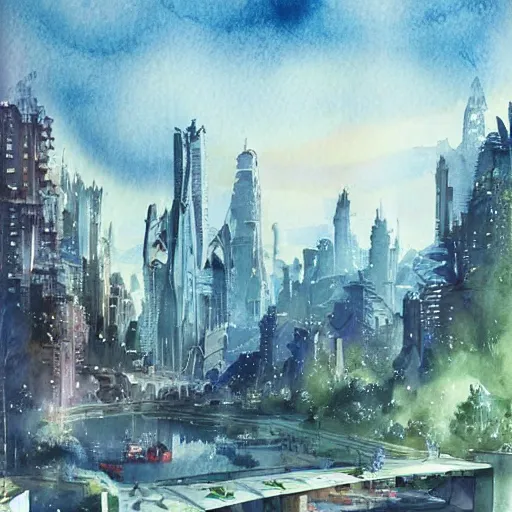 Image similar to Beautiful happy picturesque charming sci-fi city in harmony with nature. Beautiful light. Nice colour scheme, soft warm colour. Beautiful detailed watercolor by Lurid. (2022)