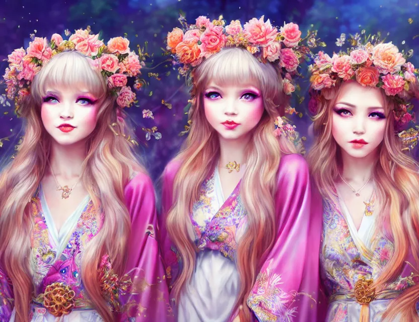 Image similar to two beautiful fashion siberian girls wear fantasy kimono in festival | | big eyes, sunny, dreamlike art, realistic shaded, smile, good looking, hyper details, 4 k realistic, cryengine, realistic shaded lighting poster by artgerm, ross tran, fuji choko, loish, 8 k resolution, trending on artstation, luxury