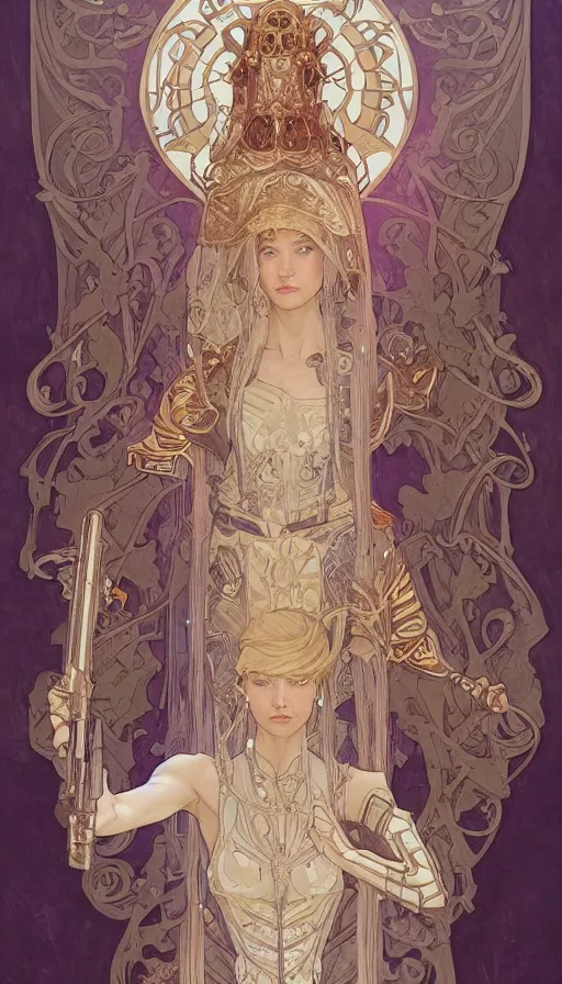 Image similar to soldiers in white armor, highly detailed, very intricate, art nouveau, gold filigree, left right symmetry, tarot concept art watercolor illustration by mandy jurgens and alphonse mucha and alena aenami, featured on artstation