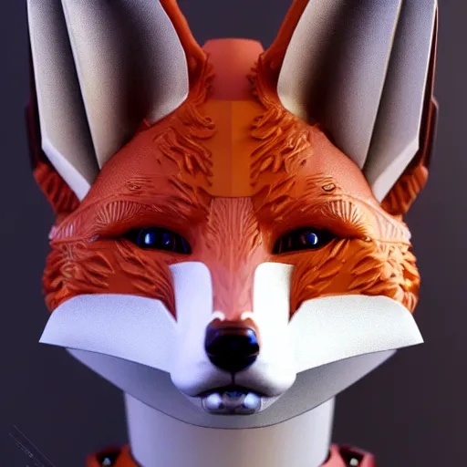 Prompt: A whimsical fox in cybernetic mecha armor, bust portrait, art by Eugenia firs ArtStation, Octane render, intricate detail, smooth, sharp focus,
