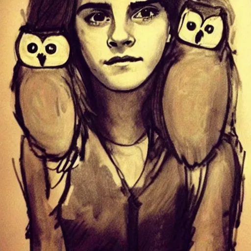 Image similar to childrens drawing of emma watson with owls,