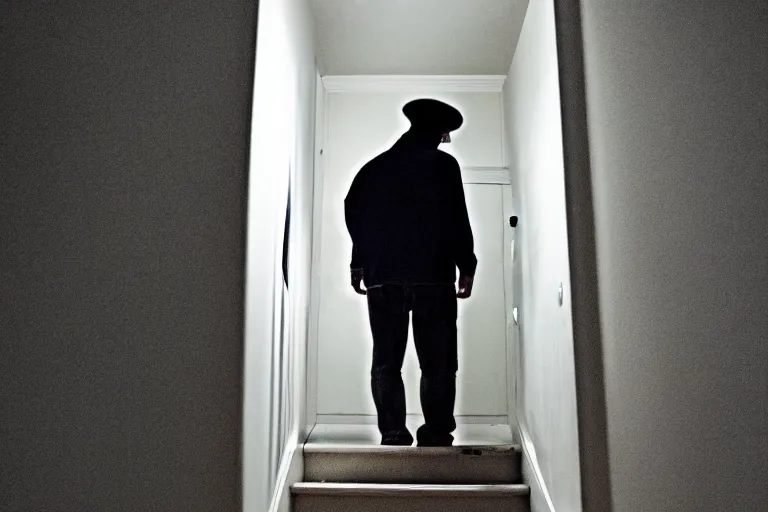 Image similar to the ghost of a man standing at the bottom of stairs in a house at night