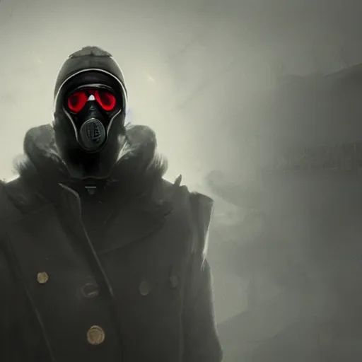 Prompt: hooden villain wearing a gas mask with red goggles, smoke coming out of his cloak, dark background, unreal engine 5, ultra realistic, detailed, fog, by greg rutkowski