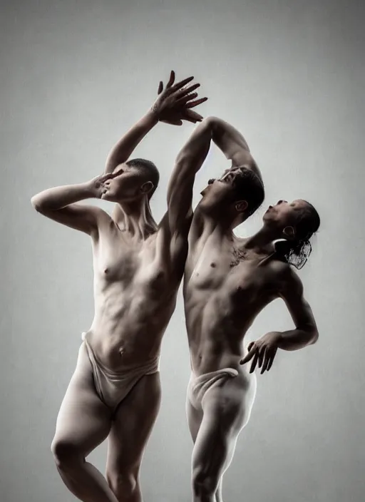 Image similar to expressive potrait photo of male and female butoh dancers dancing with cloth, glamour shot, by jenny saville, by stefan gesell, photorealistic, canon r 3, fashion photography, hyper maximalist, elegant, ornate, luxury, elite, environmental portrait, symmetrical features, octane render, unreal engine, solid dark grey background, dramatic lights